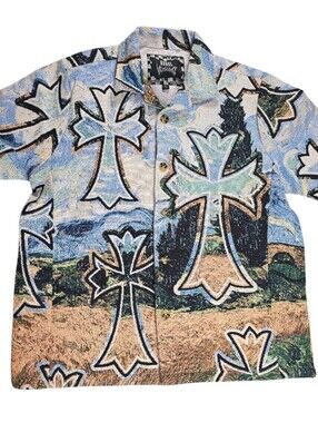 Rebel Vengeance Men’s Size L Short Sleeve Button-Up Shirt Cross Graphic Print
